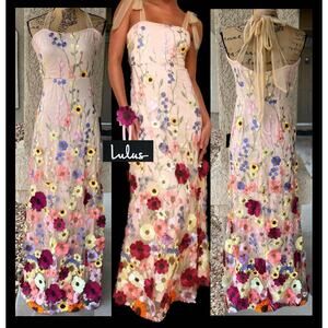 Lulus Thriving Poise Pink Blush 3D Floral Embroidered Tie-Strap Maxi Dres Size L